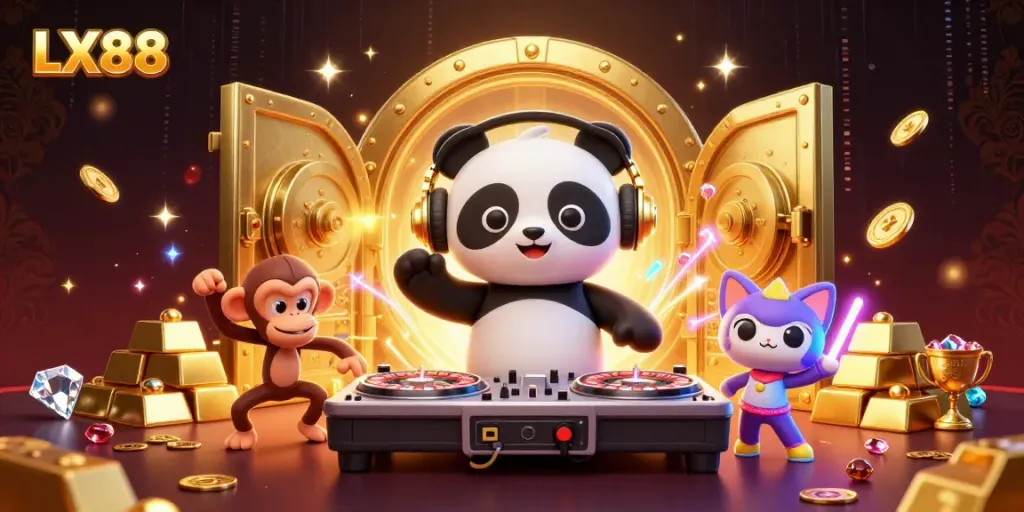Experience the vibrant gaming world of LX88 with a DJ panda and dancing characters in a dazzling casino scene.
