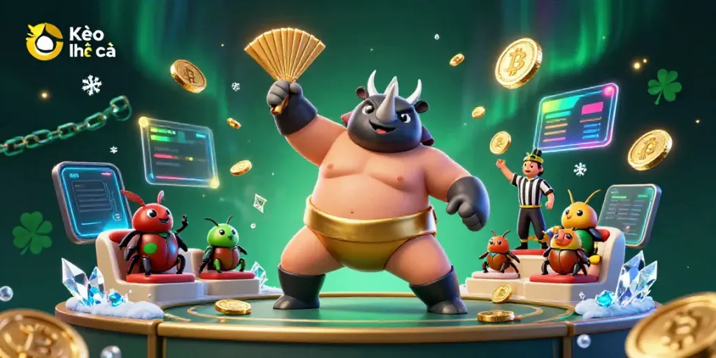 Experience Kèo nhà cái with a vibrant 3D scene featuring a beetle sumo champion amidst flying coins and crypto elements.