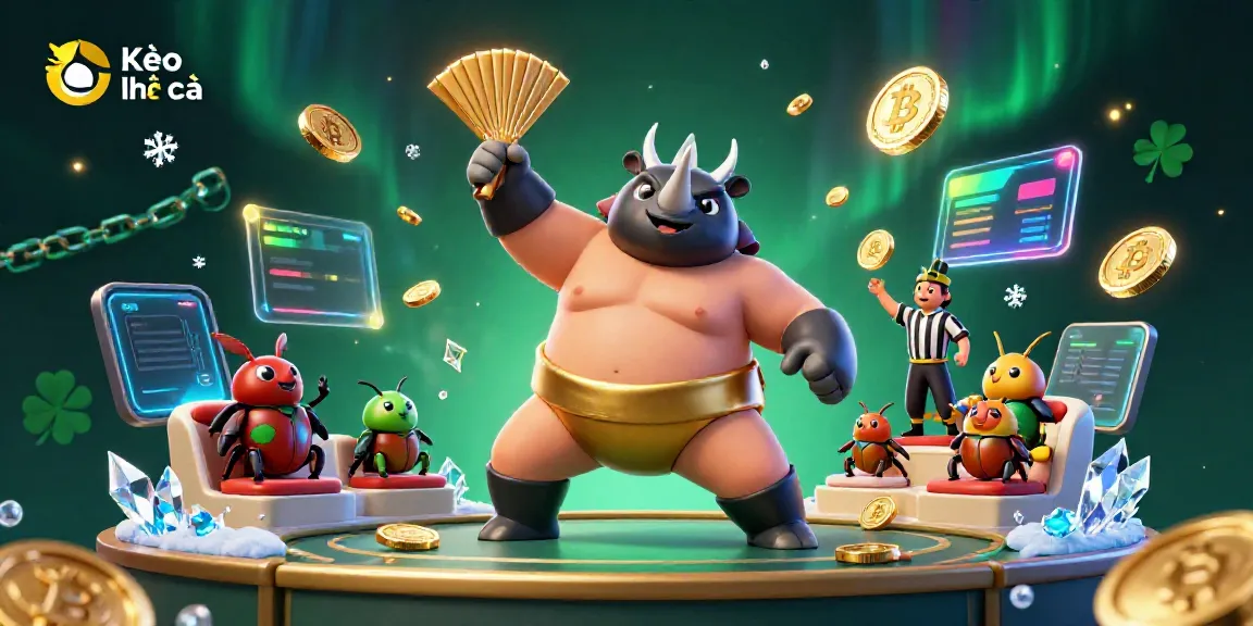Experience Kèo nhà cái with a vibrant 3D scene featuring a beetle sumo champion amidst flying coins and crypto elements.