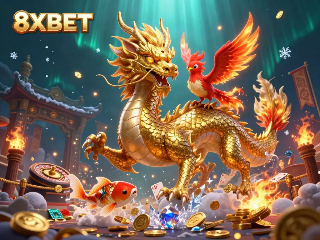 Experience the thrill of 8XBET with an epic scene featuring a dragon, phoenix, and koi fish amidst casino elements.