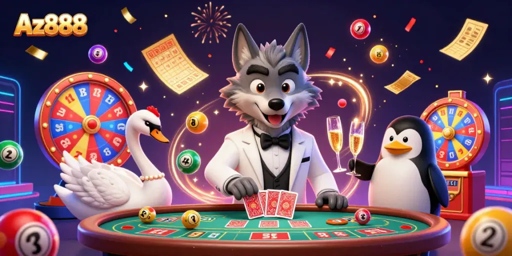 Win big with Az888! A lively 3D illustration of cartoon characters at a baccarat table.