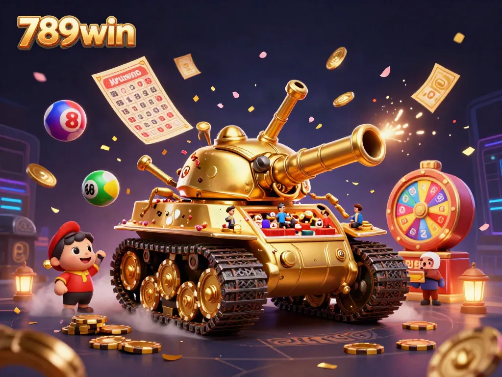 Experience the excitement of 789win with a colorful casino scene featuring slots, vibrant lottery elements, and gold coins.
