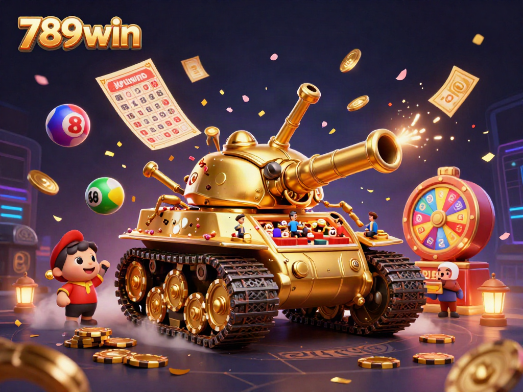 Experience the excitement of 789win with a colorful casino scene featuring slots, vibrant lottery elements, and gold coins.