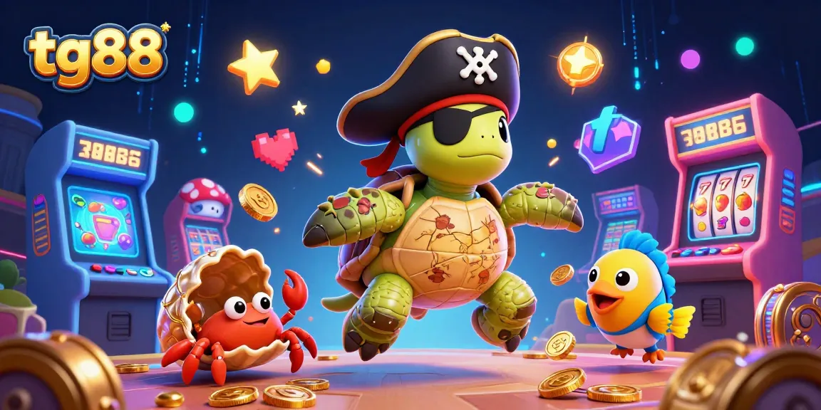 Engage with thrilling slots at tg88 featuring a pirate turtle and colorful arcade elements.