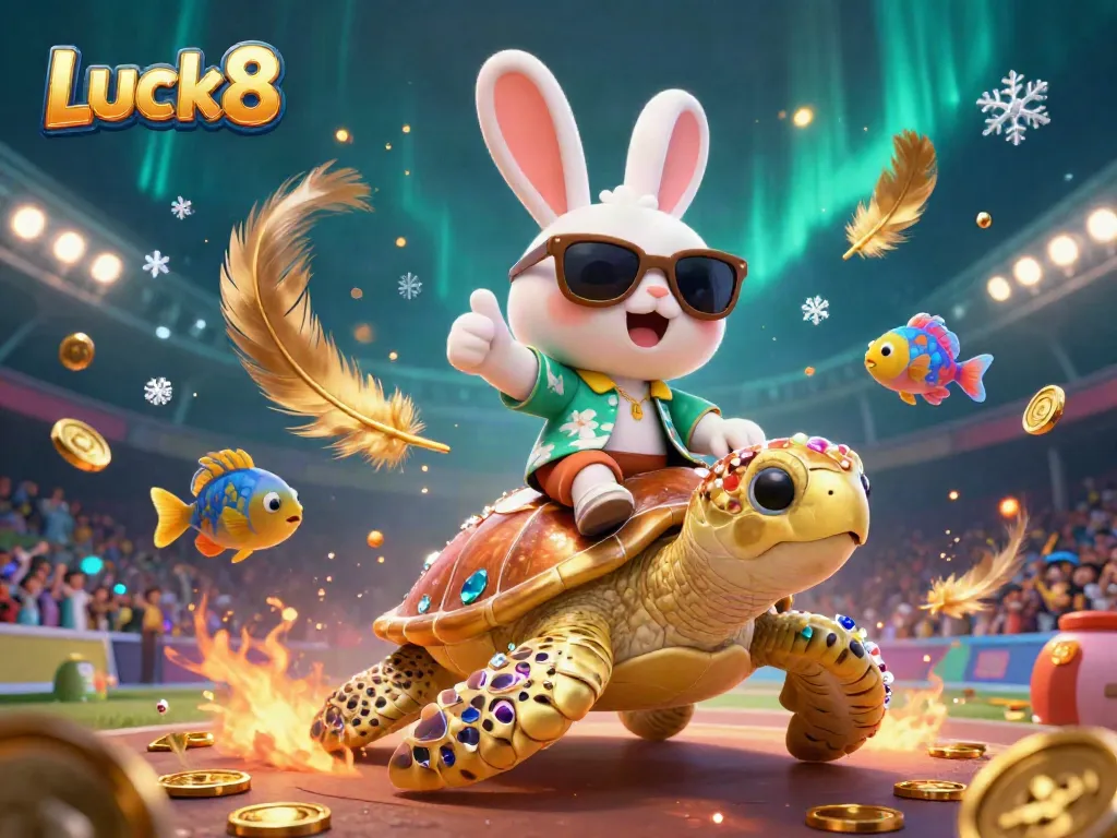 Experience the excitement of Luck8 with a lucky rabbit and golden turtle delivering winning moments in a vibrant casino world.