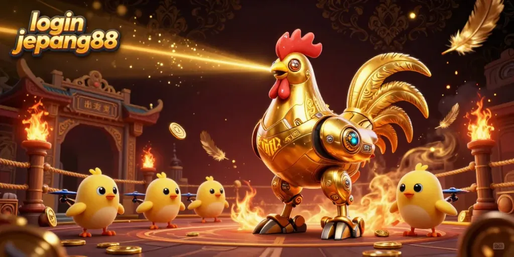 Engage in action with the golden rooster robot in a vibrant login jepang88 casino scene.
