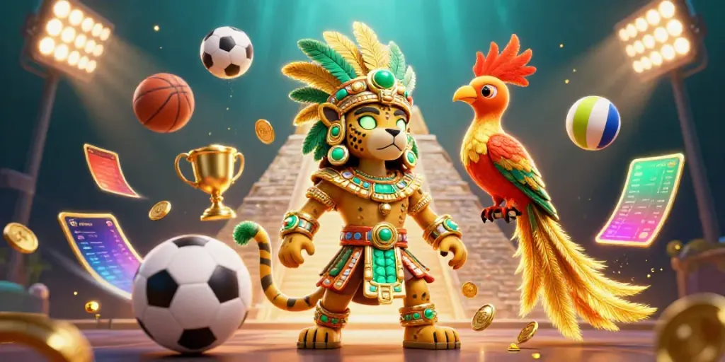 Engaging Oxbet promotional illustration featuring a Mayan priest and dynamics of sports betting.