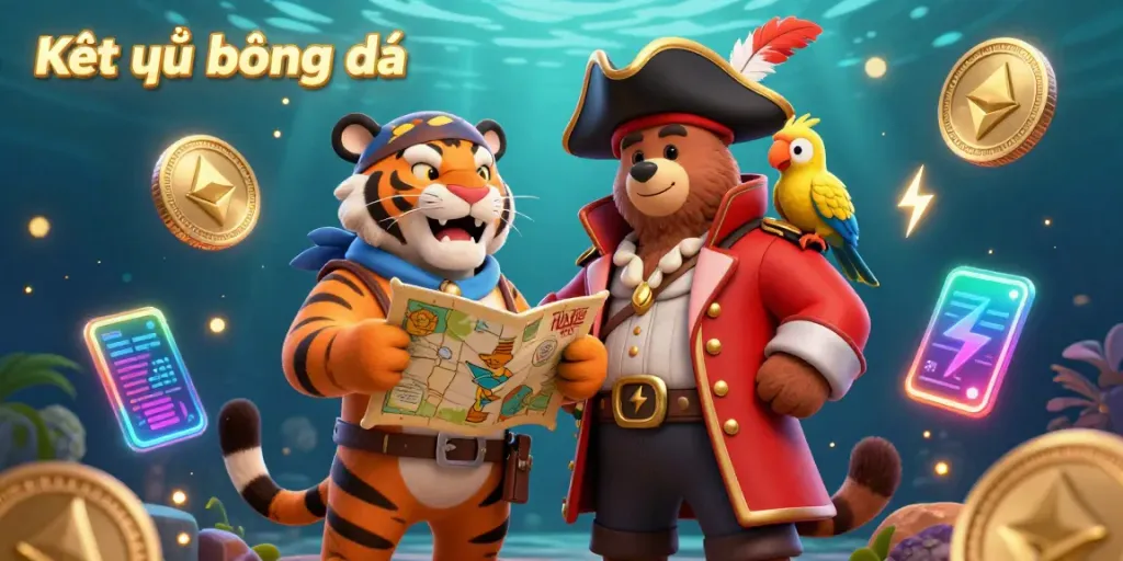 Experience Kết quả bóng đá with a lively 3D pirate illustration featuring vibrant characters and crypto elements.