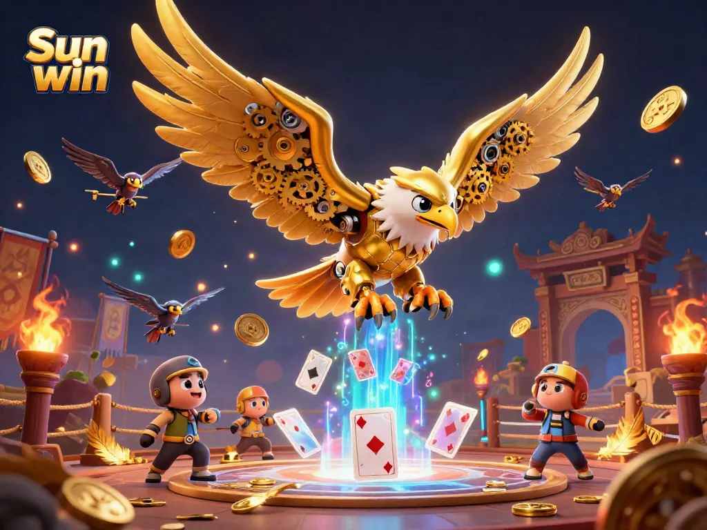 Experience the thrilling world of Sun win with a cybernetic golden eagle soaring through holographic playing cards, showcasing vibrant casino elements.