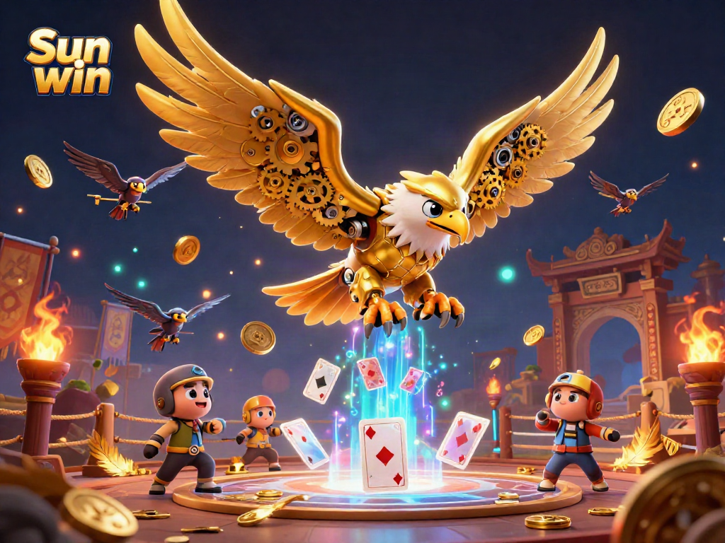 Experience the thrilling world of Sun win with a cybernetic golden eagle soaring through holographic playing cards, showcasing vibrant casino elements.