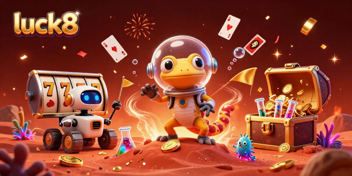 Experience excitement with luck8 in a vibrant casino scene featuring a cartoon Martian gecko and treasure elements.