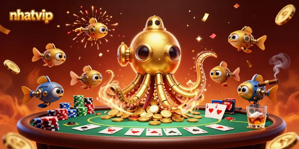 Nhatvip casino scene with a golden kraken submarine and poker elements, celebrating winnings.