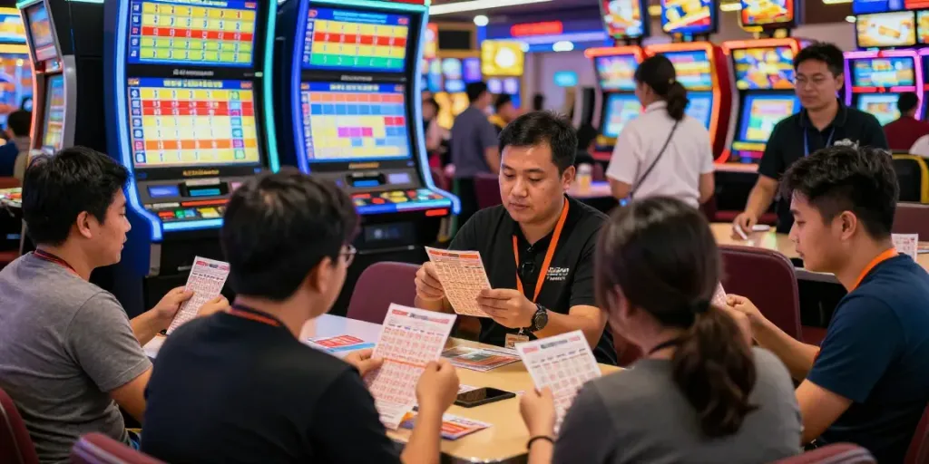 Excited players engaging in togel at a vibrant casino, discussing strategies and examining tickets.