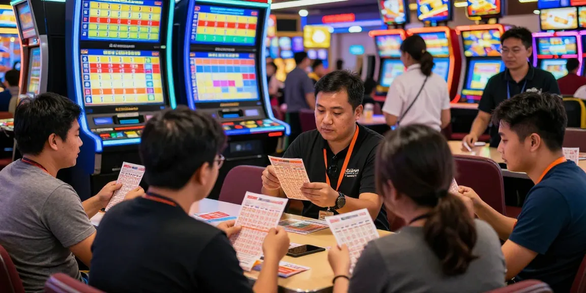 Excited players engaging in togel at a vibrant casino, discussing strategies and examining tickets.