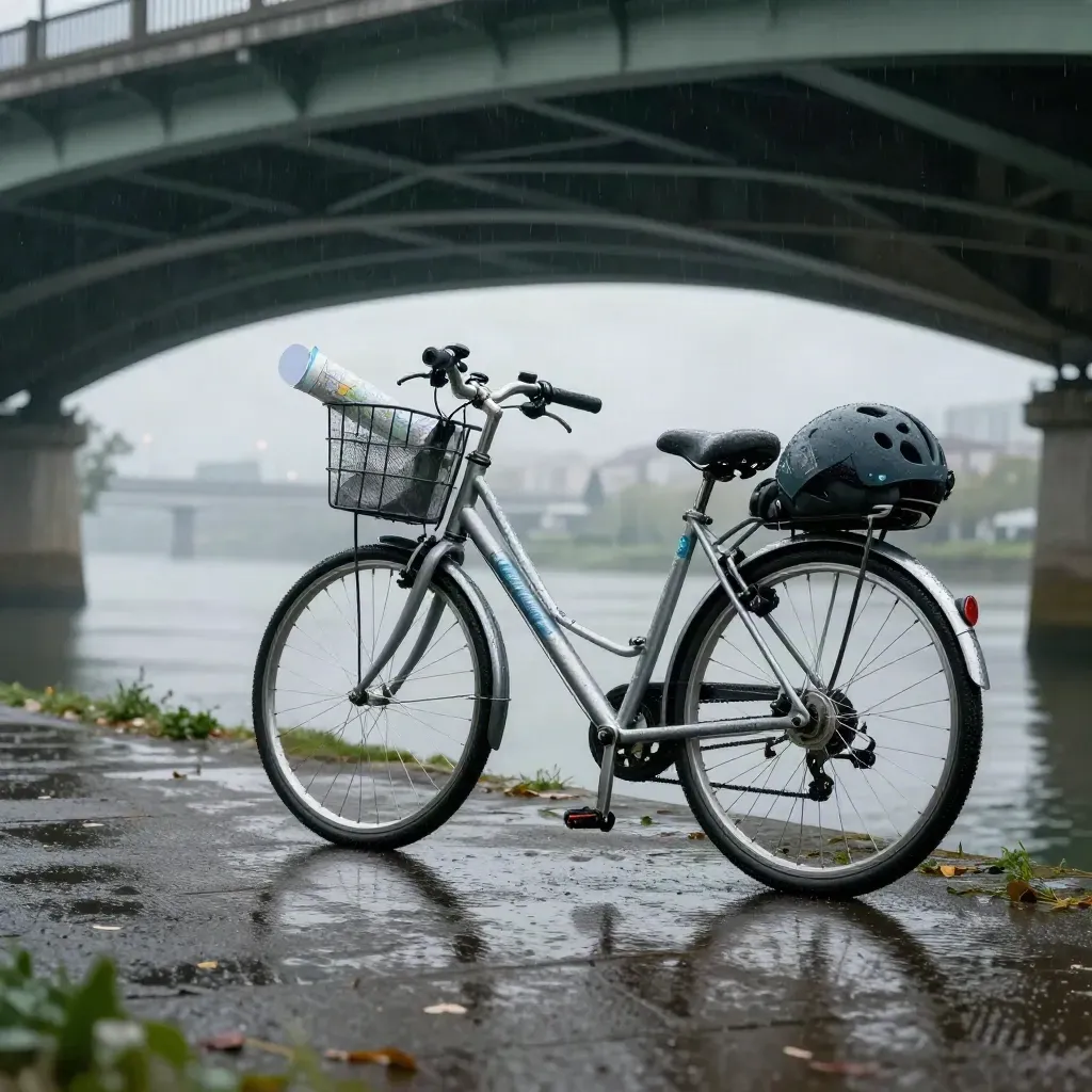 Rower trekkingowy, mapa tras, kask i sakwa nad rzeką po deszczu pod mostem.