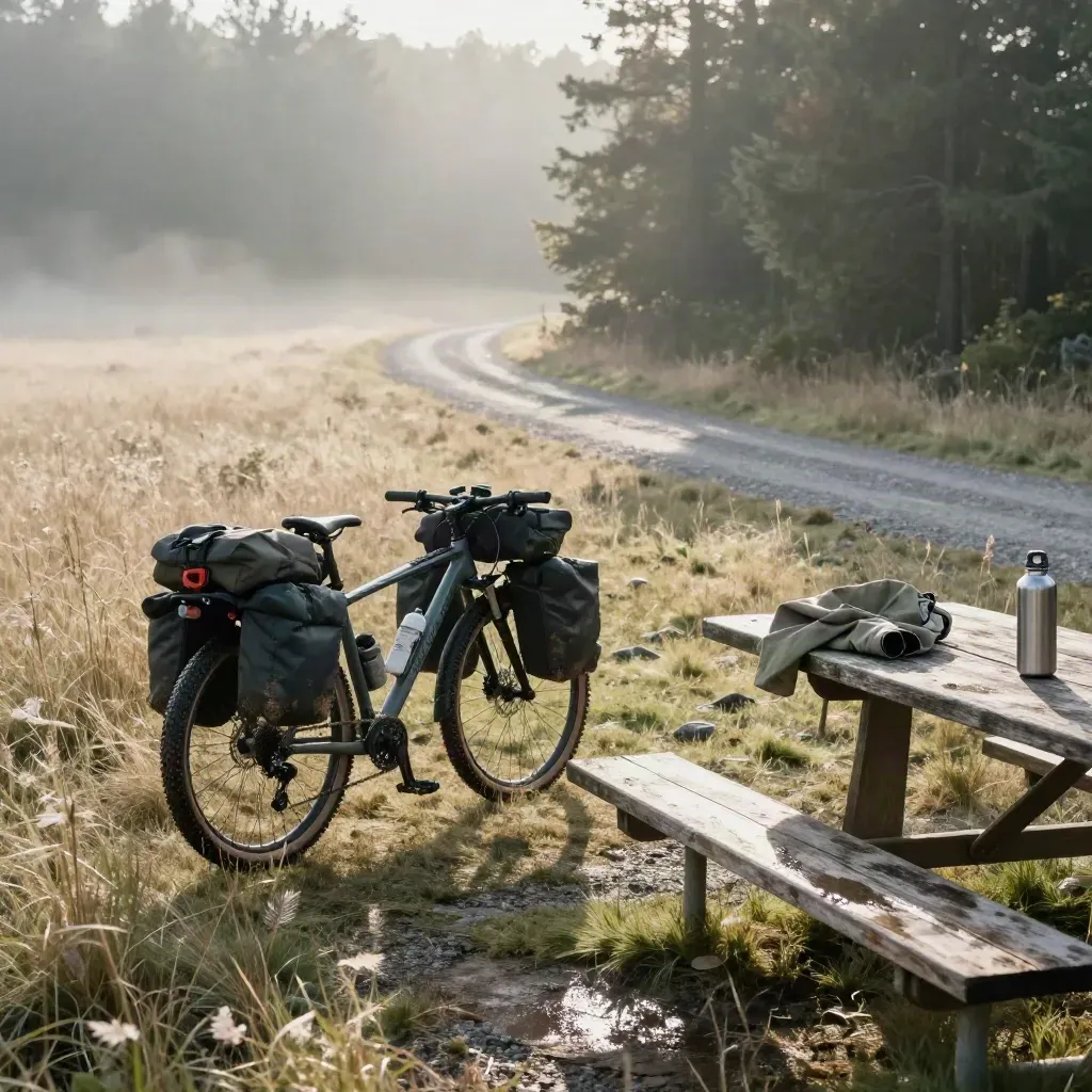 Rower trekkingowy przy stoliku na porannym postoju w mglistej, leśnej scenerii.