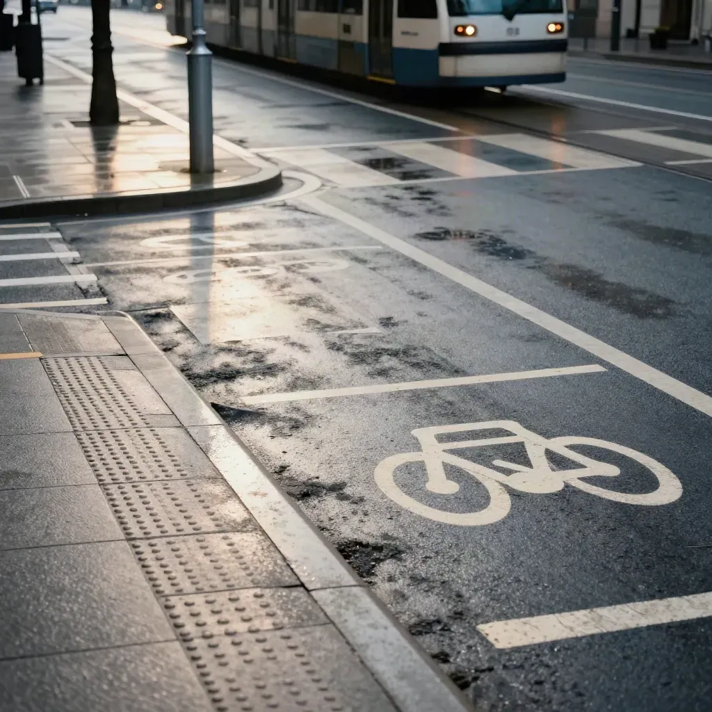 Mokre skrzyżowanie z zatoką rowerową, krawężnikami i zatrzymanym tramwajem w tle.