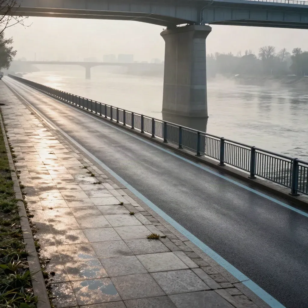 Widok z wysokiego brzegu na mokrą warszawską drogę rowerową nad Wisłą we mgle o świcie.