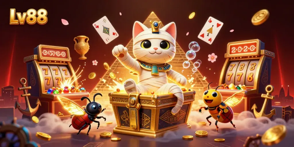 Experience winning strategies at Lv88 with stunning casino elements and vibrant gaming scenes.