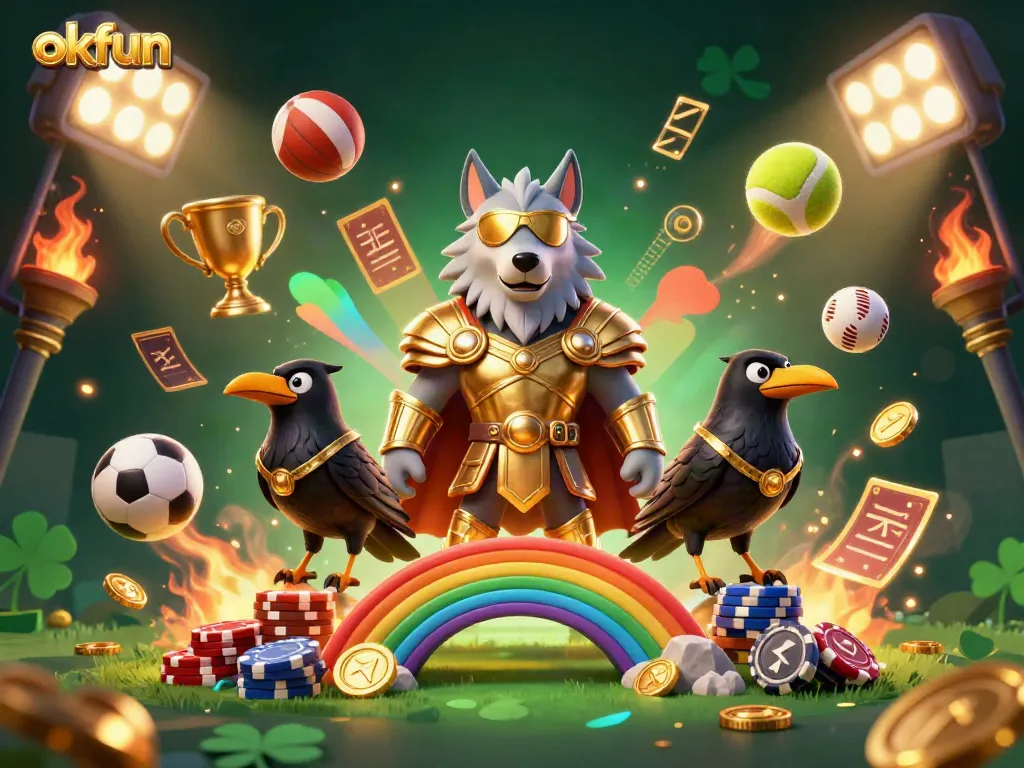 Engage in thrilling casino adventures with okfun's vibrant 3D illustration featuring a mystical wolf and dynamic sports elements.