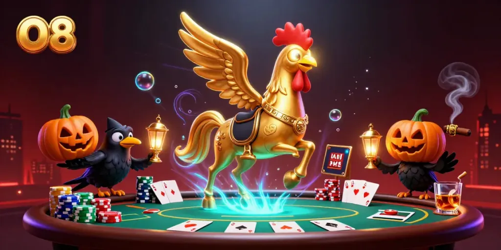 Experience the excitement at O8 casino with golden rooster, spectral horse, and poker elements.