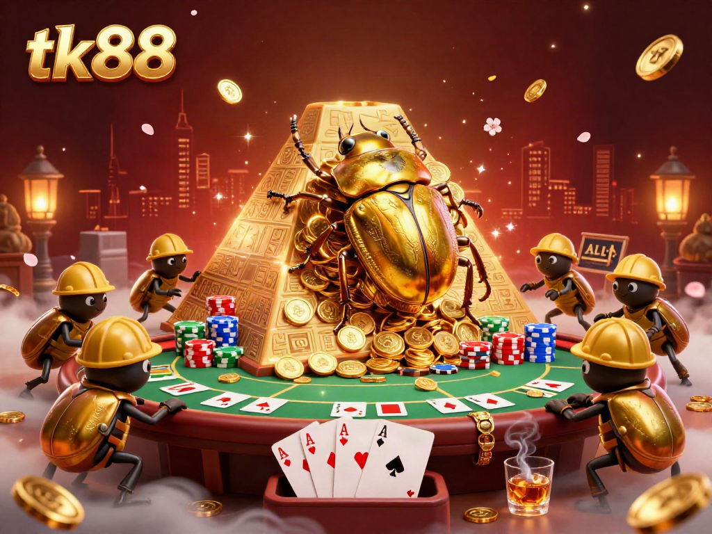Engage with stunning tk88 casino illustration showing a golden dung beetle and rich poker elements.