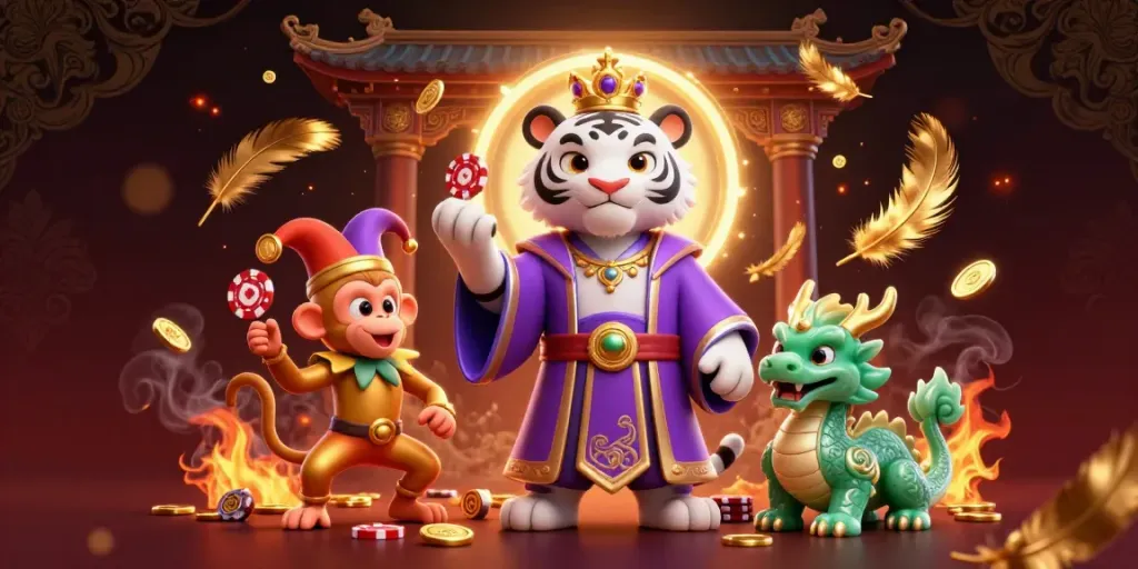 Experience thrilling moments with xoilac tv as a cartoon tiger and monkey entertain at a lively gambling arena.