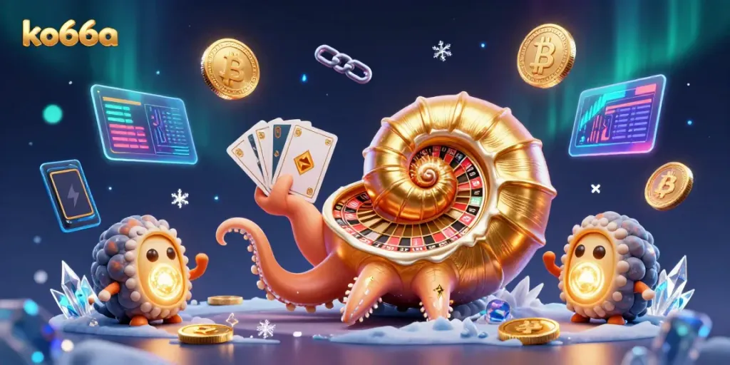 Experience exciting gambling adventures with ko66a featuring a giant nautilus and glowing blockchain elements.
