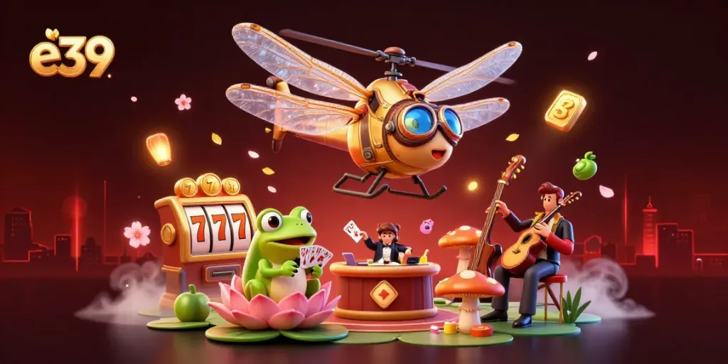 Experience vibrant e39 gaming action with a dragonfly pilot, frog croupier, and casino atmosphere.