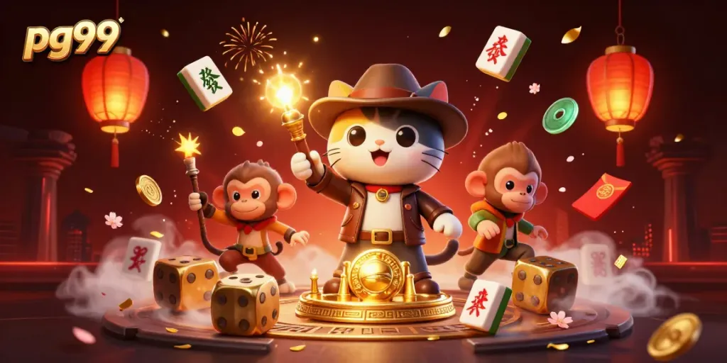 Explore pg99's casino treasures with a 3D cat archaeologist and monkey during epic adventures.