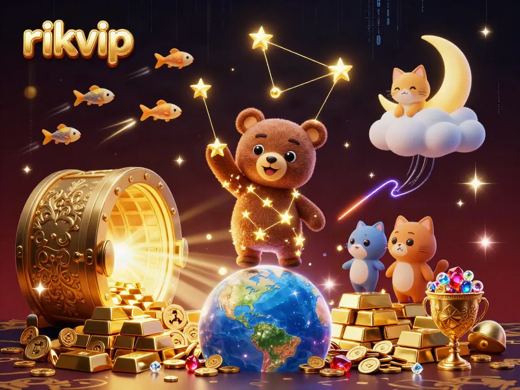 Experience thrilling wins at rikvip with a vibrant 3D casino illustration showcasing gold coins and treasures.