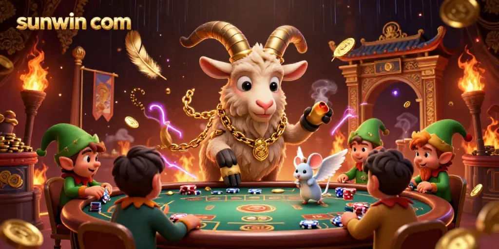 Experience thrilling gaming at sunwin com with Krampus overseeing a vibrant casino scene.