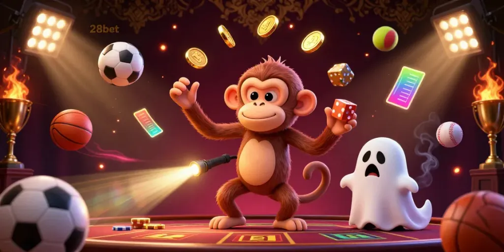 Immerse in thrilling casino action with 28bet's lively scene featuring a playful poltergeist monkey and a curious puppy.
