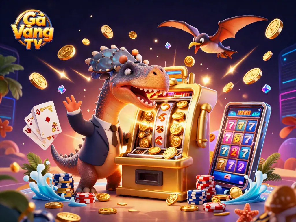 Experience the thrill of Gà Vàng TV with dazzling wins as cartoon dinosaurs engage in jackpot action.