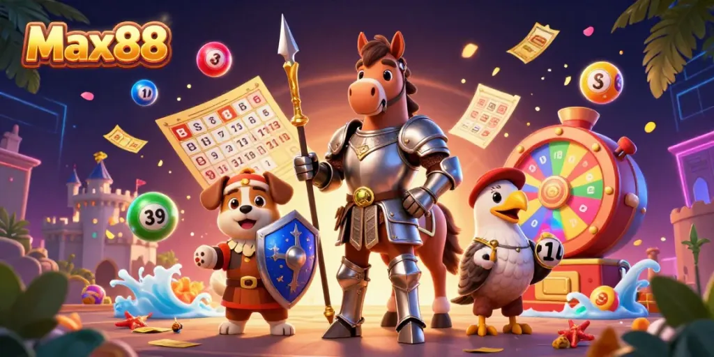 Engage with Max88 through an action-packed casino scene featuring a knight and vibrant lottery elements.