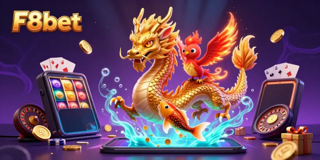 Experience thrilling gameplay with F8bet in a vibrant, action-packed casino scene.