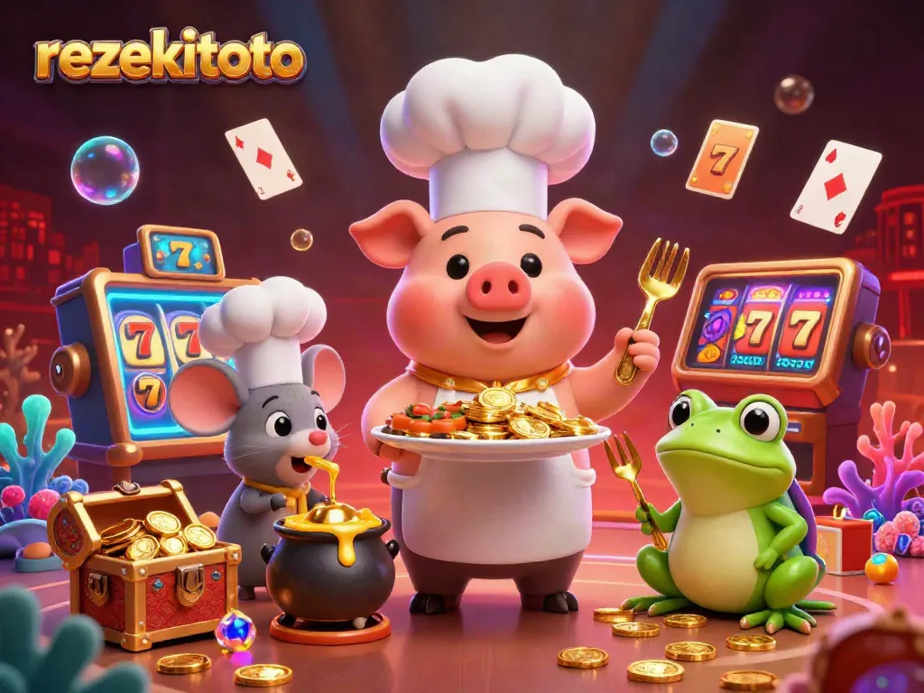 Experience the excitement of rezekitoto with vibrant 3D casino illustration, featuring unique characters and dynamic game elements in a lively atmosphere.
