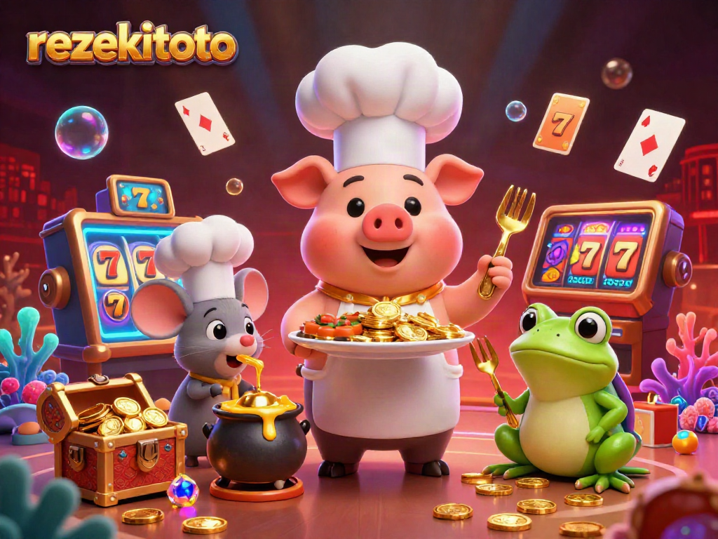 Experience the excitement of rezekitoto with vibrant 3D casino illustration, featuring unique characters and dynamic game elements in a lively atmosphere.