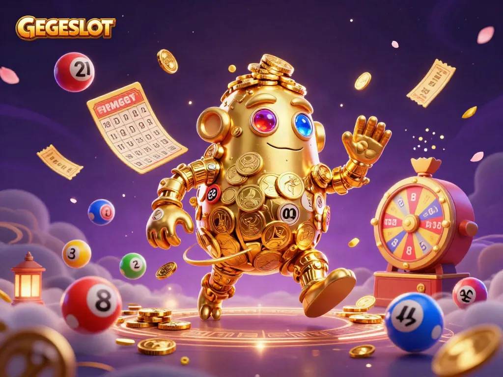 Engaging GEGESLOT illustration featuring a golden golem amidst vibrant gambling elements, showcasing a dynamic casino atmosphere.