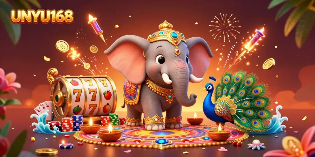 UNYU168 merayakan kesenangan judi dengan tema festival, menampilkan gajah dan permainan kasino.