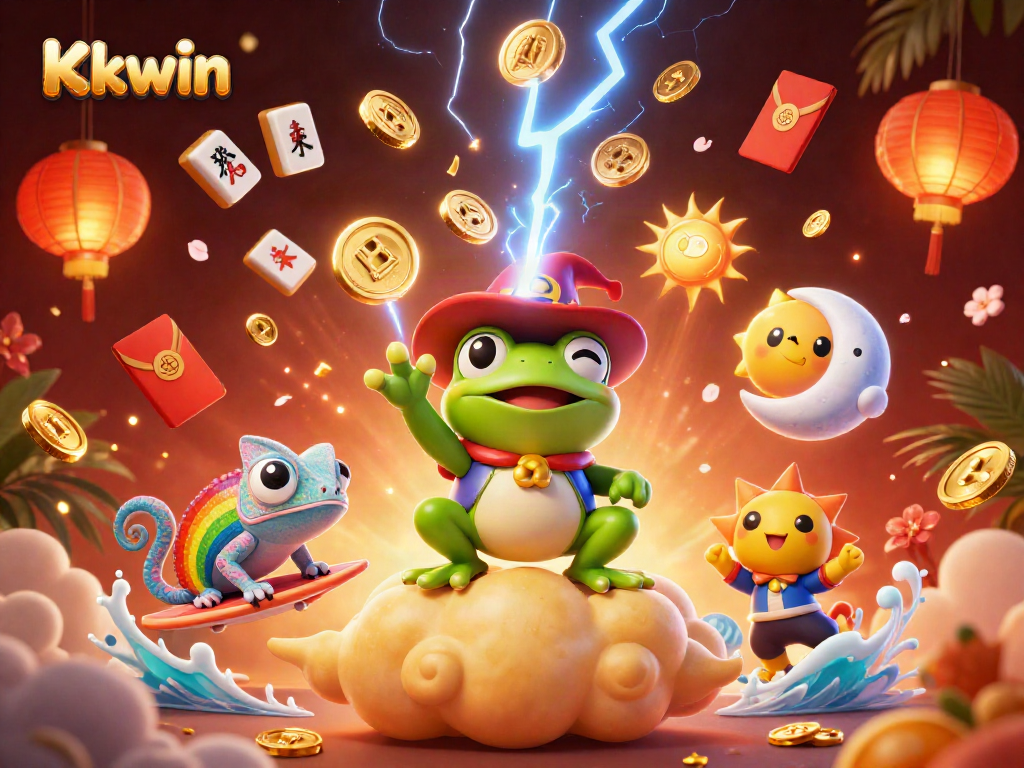 Kkwin's enchanting 3D illustration featuring a wizard frog, chameleon, and vibrant casino elements celebrating wins