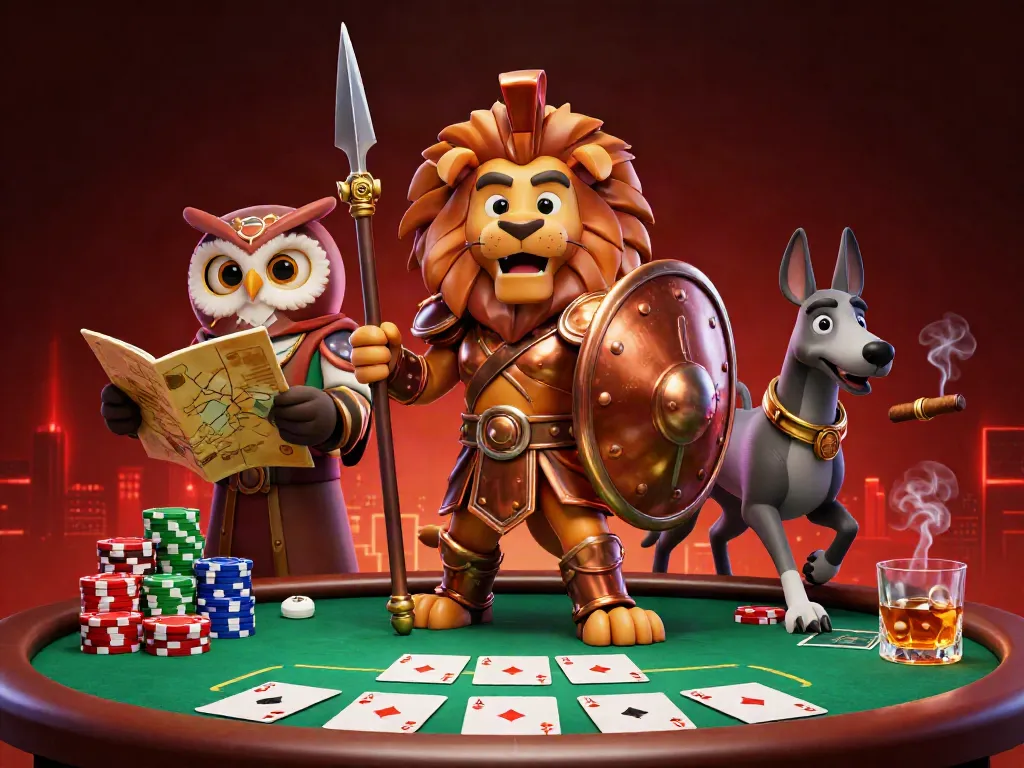 Bet big and win with safew in this dynamic poker scene featuring a Spartan lion and friends.