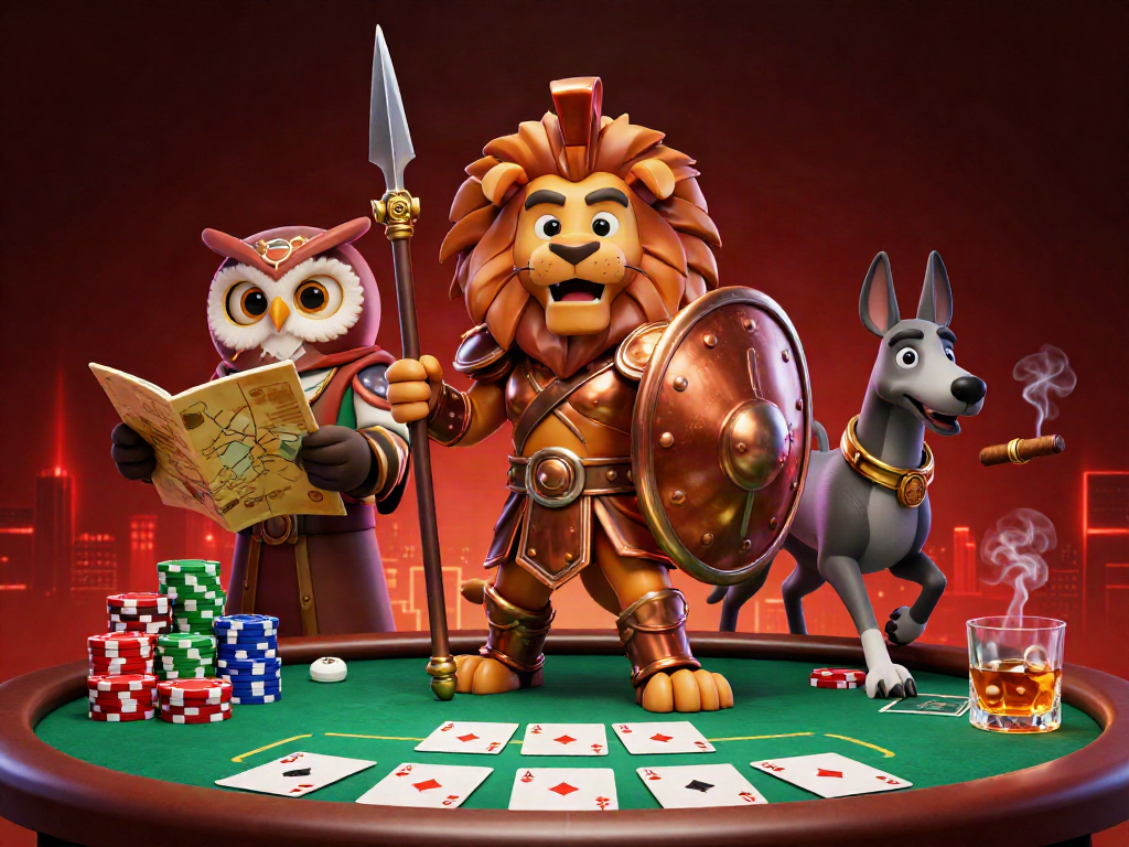 Bet big and win with safew in this dynamic poker scene featuring a Spartan lion and friends.