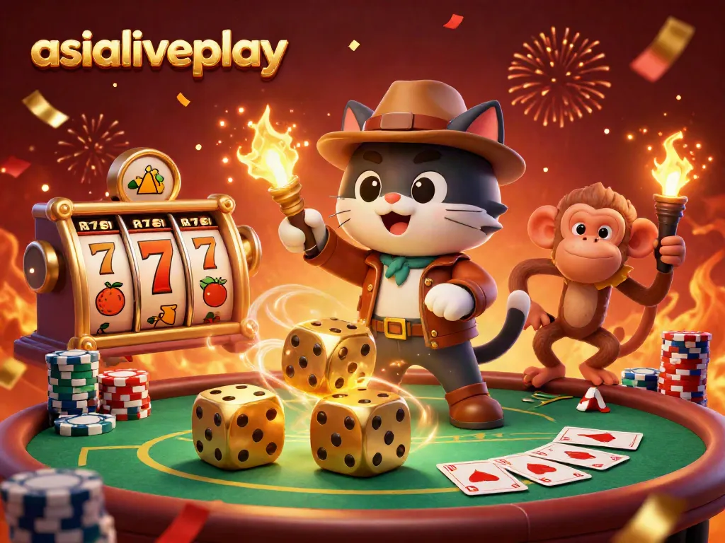 Engage with asialiveplay in a vibrant 3D scene featuring an explorer cat and monkey companions amidst dynamic casino elements.