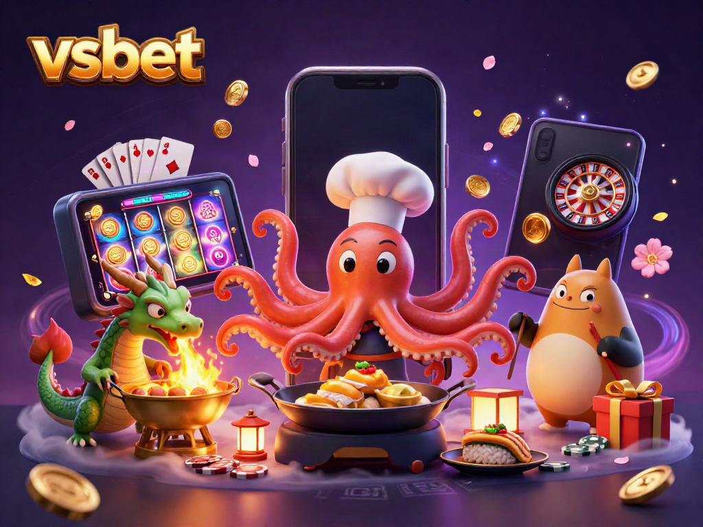 Experience the vibrant world of vsbet with a dynamic scene featuring an octopus chef, dragon, and tanuki customer amidst thrilling casino elements.