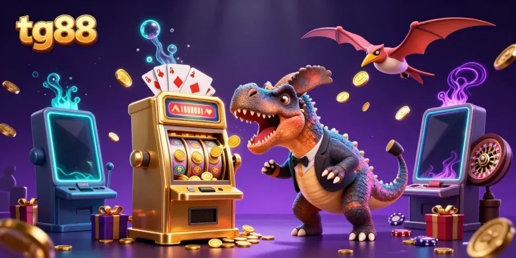 Watch tg88's pachycephalosaurus celebrating slot wins with golden coins flying, showcasing exciting casino action.