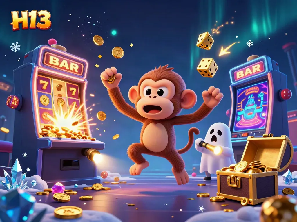 Experience the thrilling H13 casino adventure with a playful poltergeist monkey and a ghost-hunter puppy amid exciting slot machine chaos.