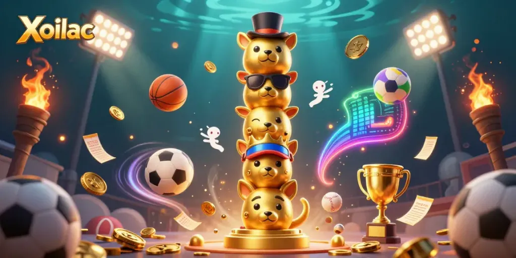 Xoilac captures the energetic world of sports betting with dynamic casino-themed elements and lively 3D illustrations.