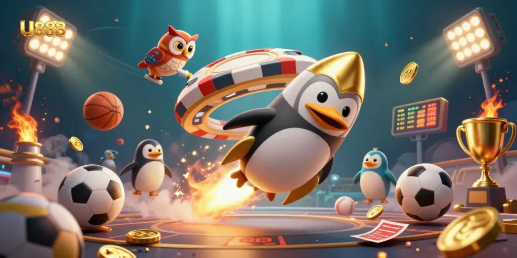 U888 vibrant casino illustration showcasing a golden penguin amidst sports and gaming elements.