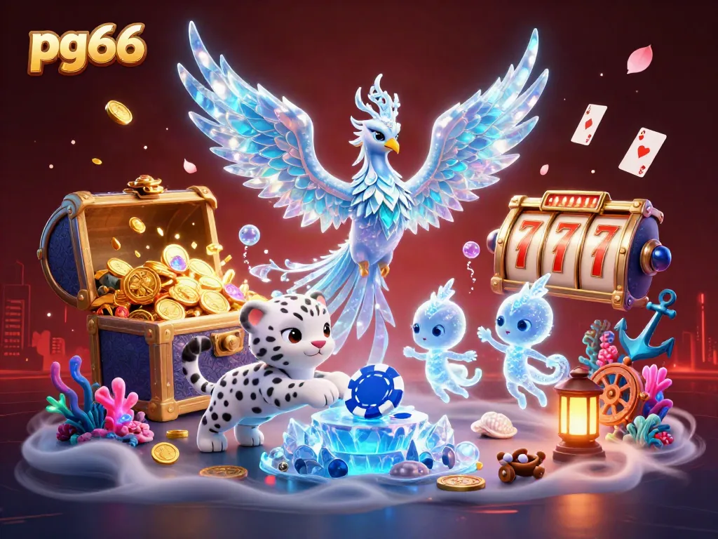 Witness the enchanting ice phoenix and snow leopard cub in a vibrant pg66 casino adventure with sparkling treasures.
